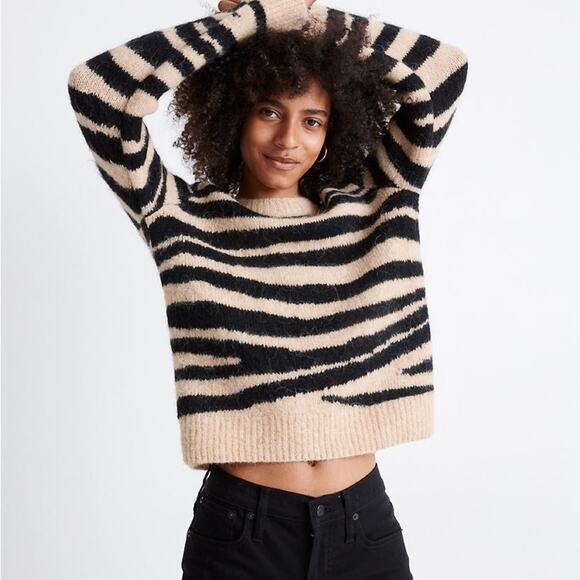 Madewell Wool Alpaca Shrunken Pullover Sweater in Tiger Stripe Sz XS Cropped - Picture 1 of 11